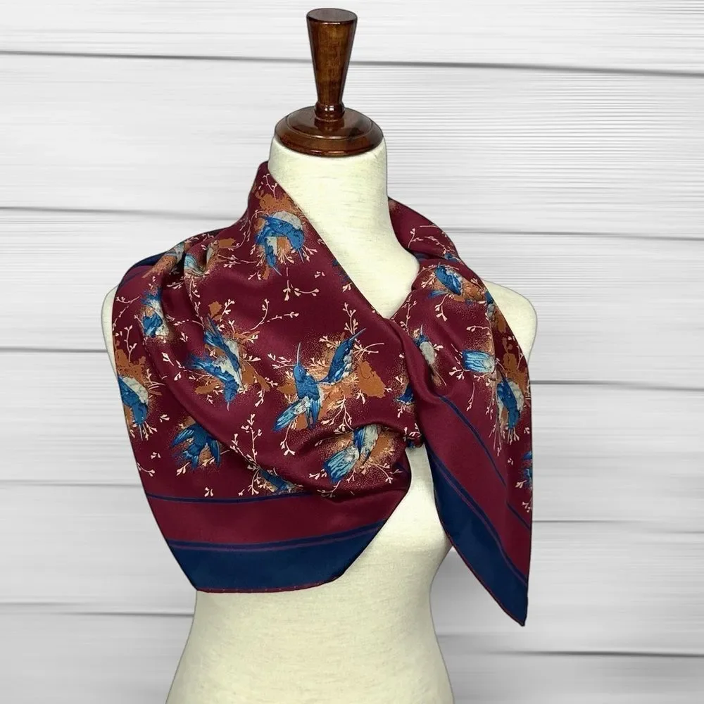 Gucci Silk Scarf Maroon Blue Bird Print Vintage Script Logo 33x33